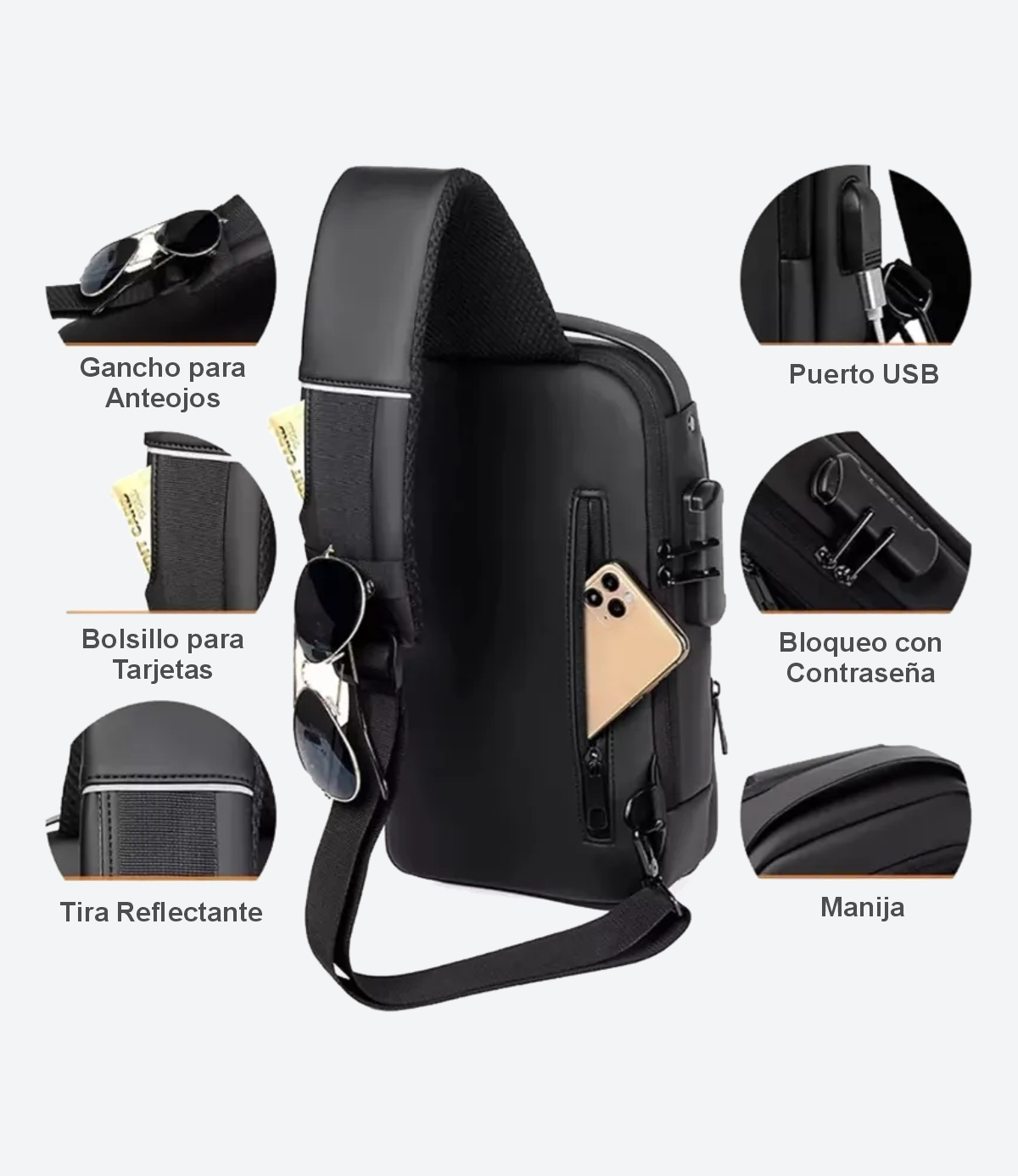 Mochila Cruzada Bandolera Impermeable Antirrobo Fashion Color Negro - Imagen 5