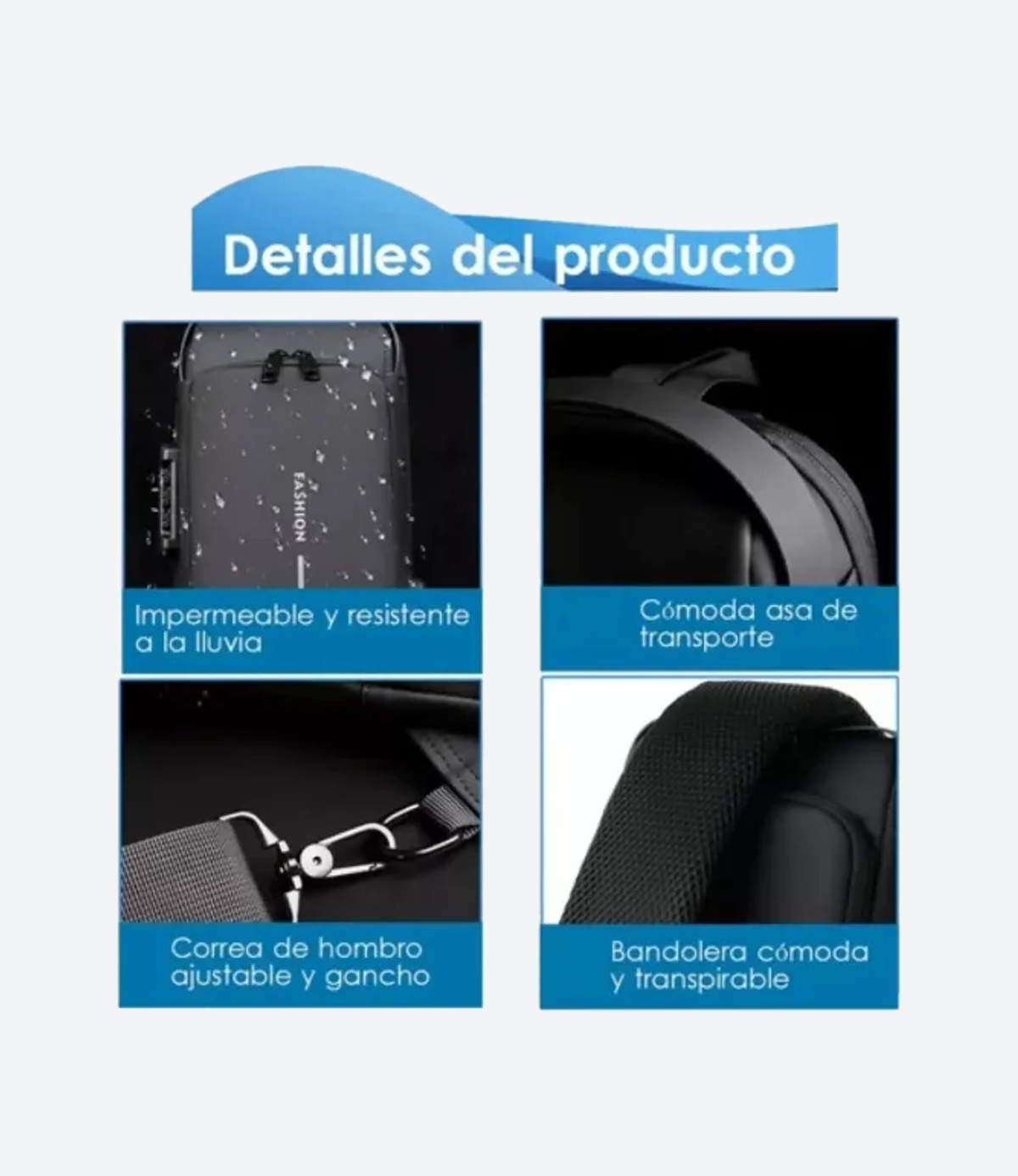 Mochila Cruzada Bandolera Impermeable Antirrobo Fashion Color Negro - Imagen 7